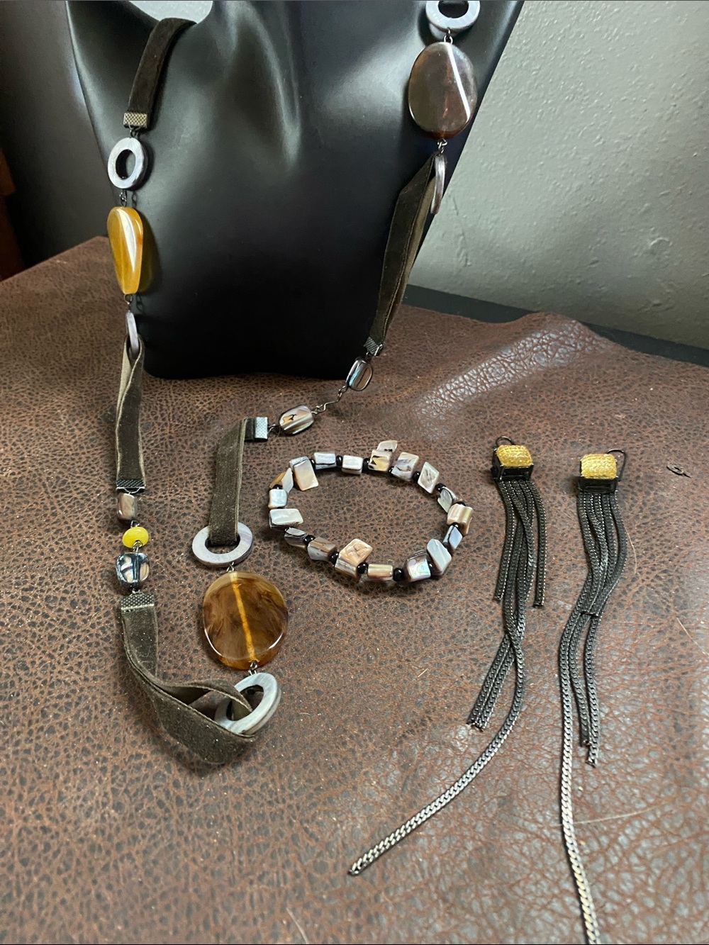 Handcrafted  Long Velvet Brown Tiger Eye & Amber, abalone s Boho, bracelet